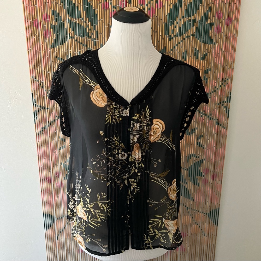 Anthropologie Black Floral Blouse with Crochet Detailing